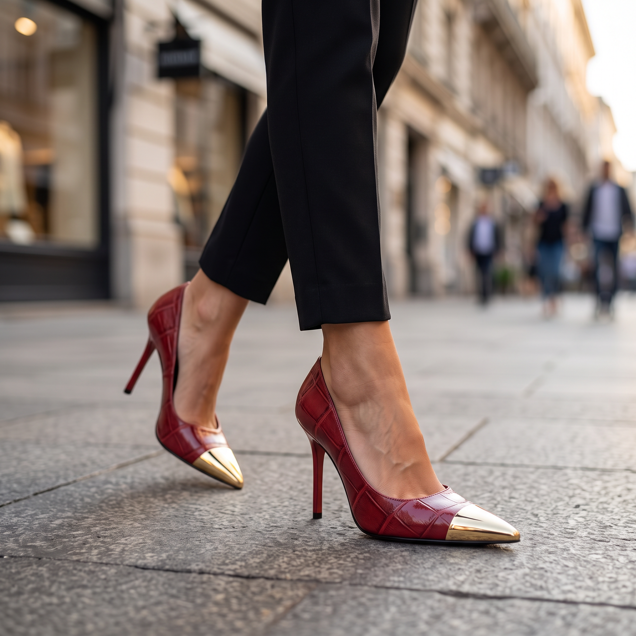 Rotate Burgundy Croc Gold Toe Detail Court High Heels